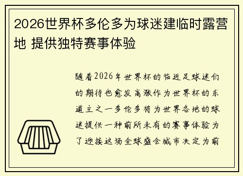 2026世界杯多伦多为球迷建临时露营地 提供独特赛事体验